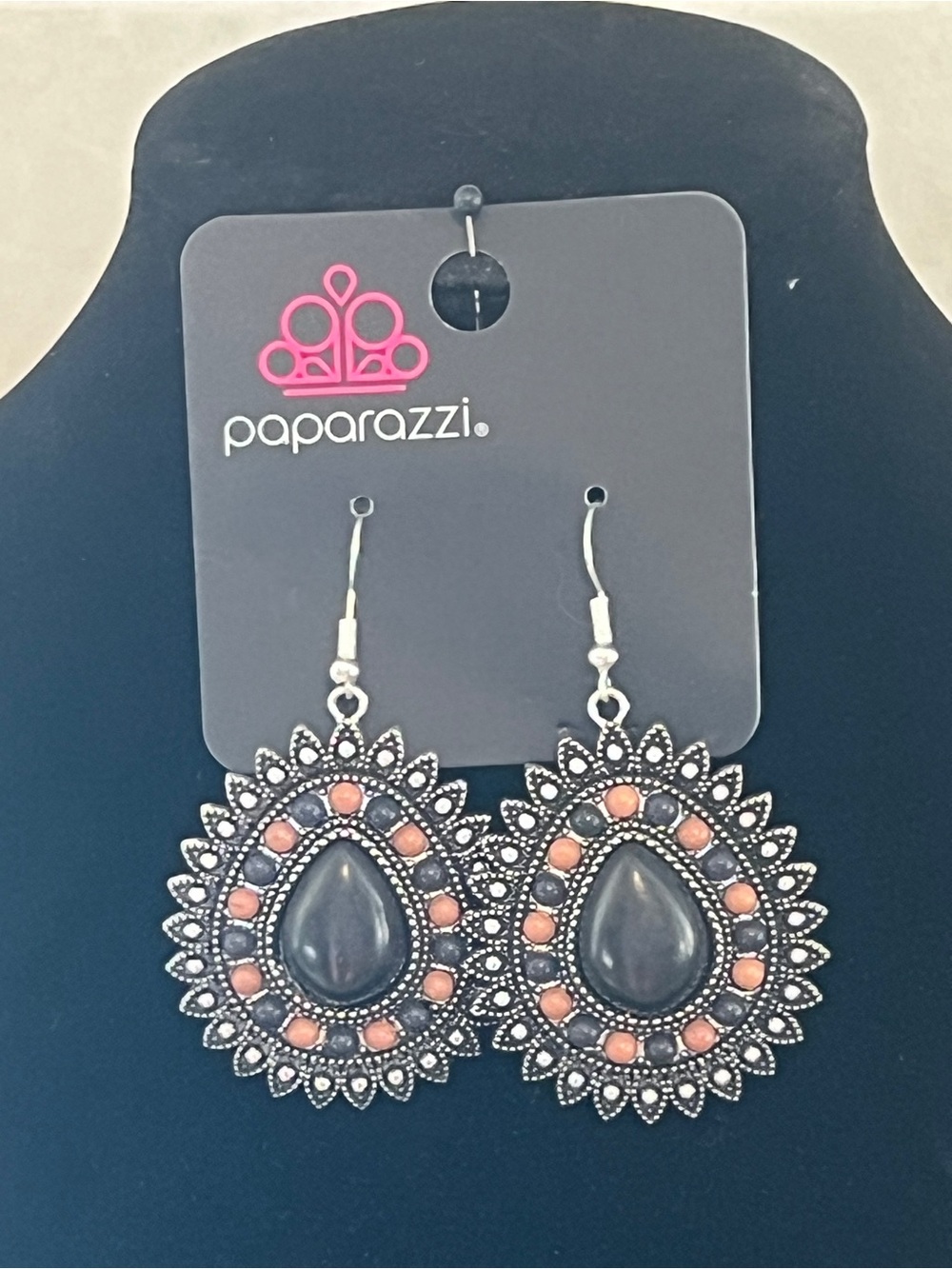 Paparazzi Black and Tan Teardrop Sunburst Earrings